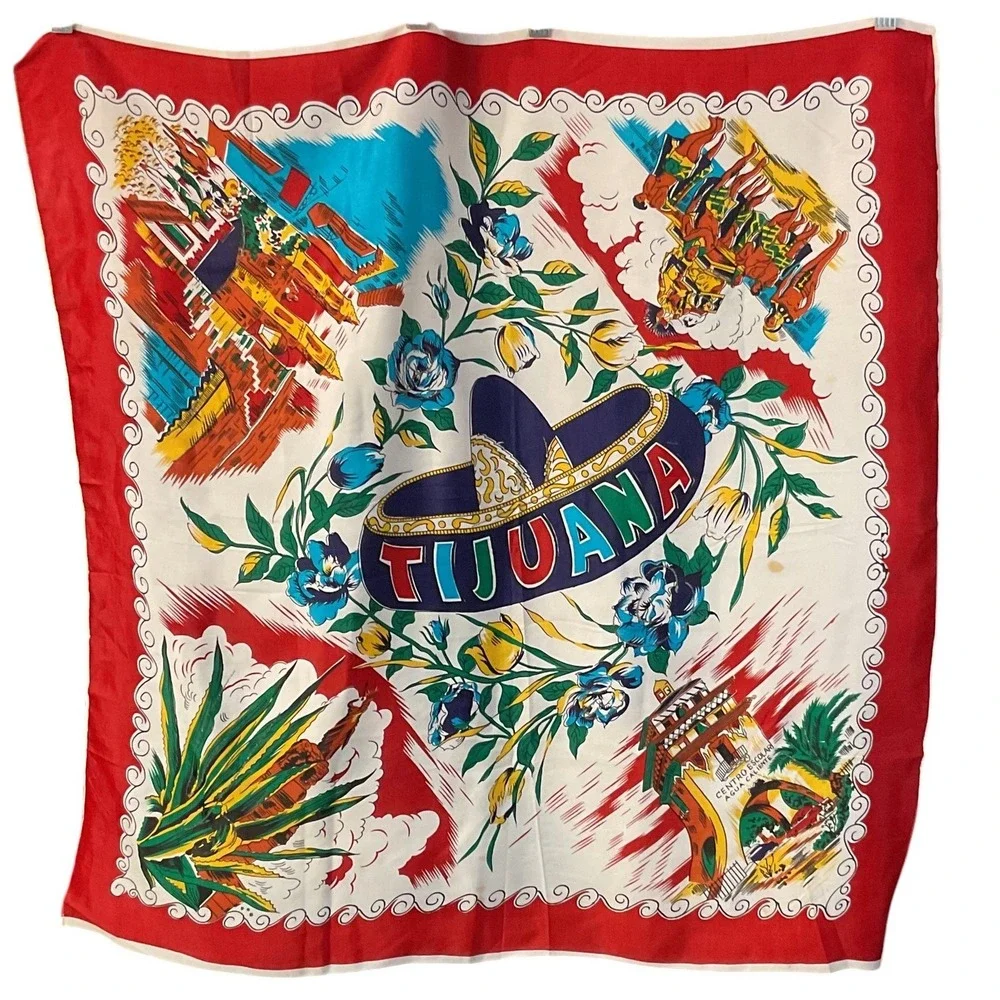 Tijuana Mexico Souvenir Red‎ Floral Sombrero Travel Print Square Scarf One Size